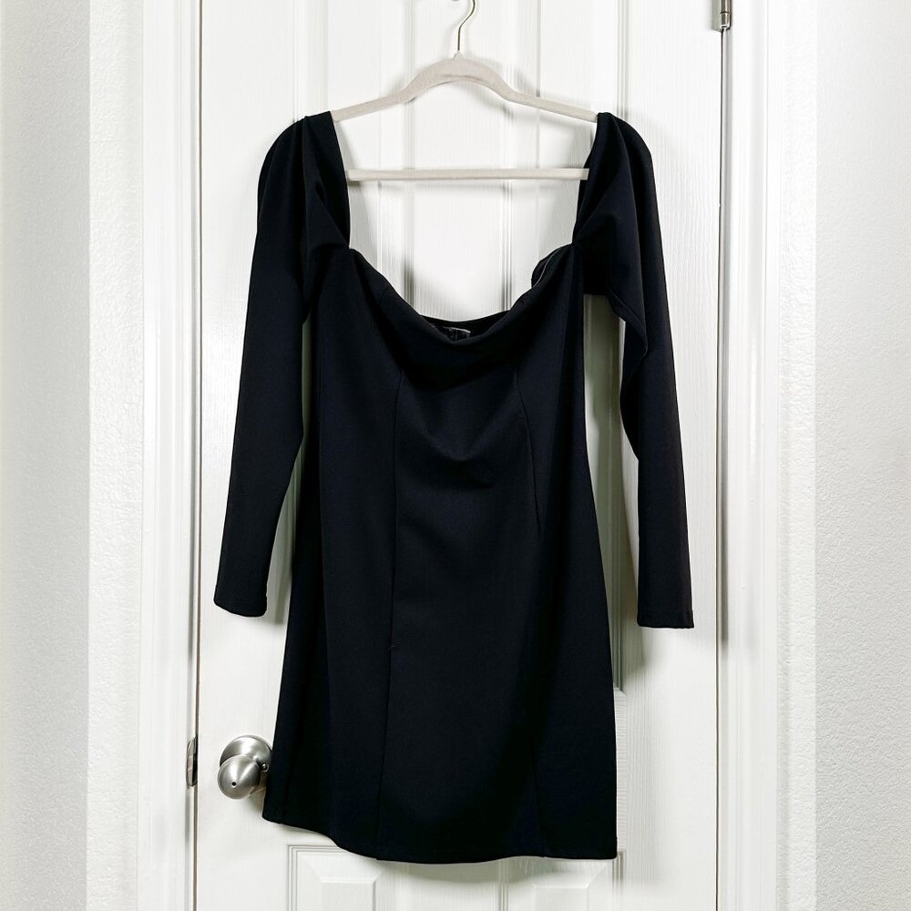 ASOS Size 10 Black Ruched 80's Long Sleeve Bardot Mini Off Shoulder Party Dress